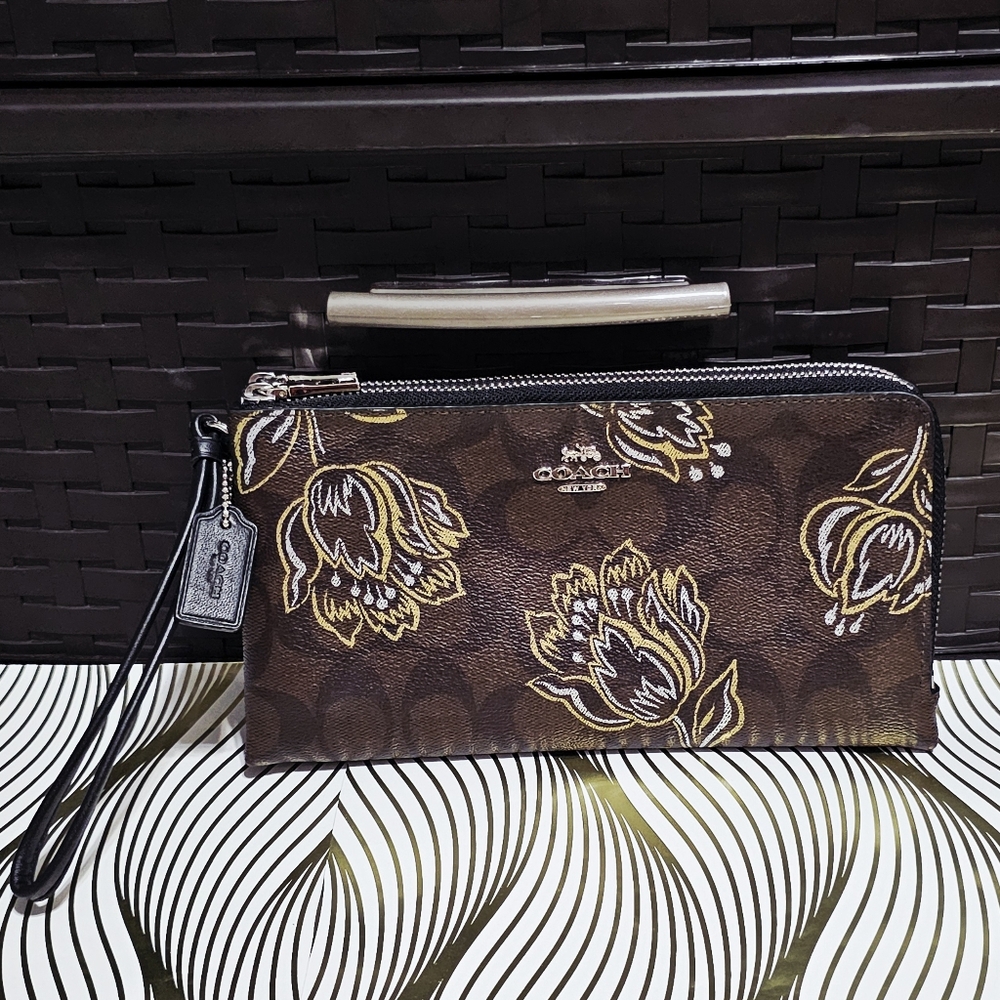 Coach Signature Tulip Print Wallet Wristlet Brown Floral Phone Bag F78069 💐💐